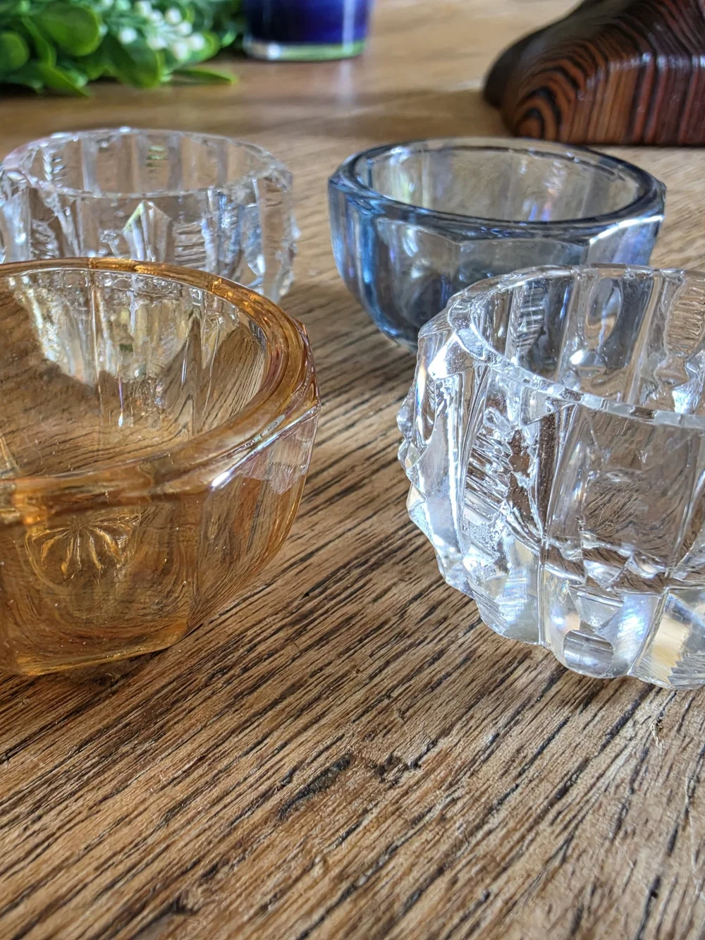 Set of Four Glass Salt Cellars - Clear, Blue, Amber